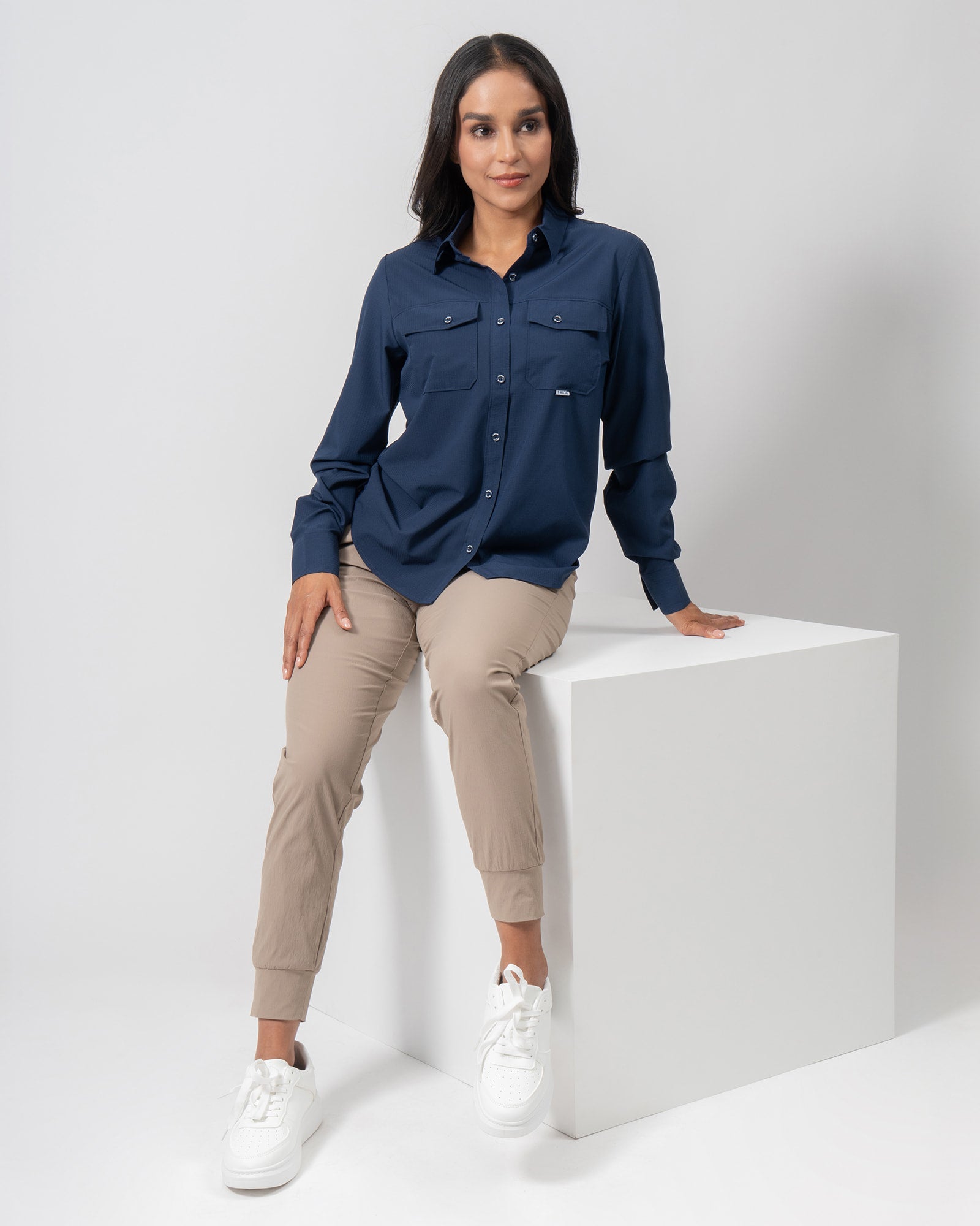 MAJA® Outdoor Signature Shirt, Navy Blue, detail, Regular fit, Polyester, with ripstop, ideal for office