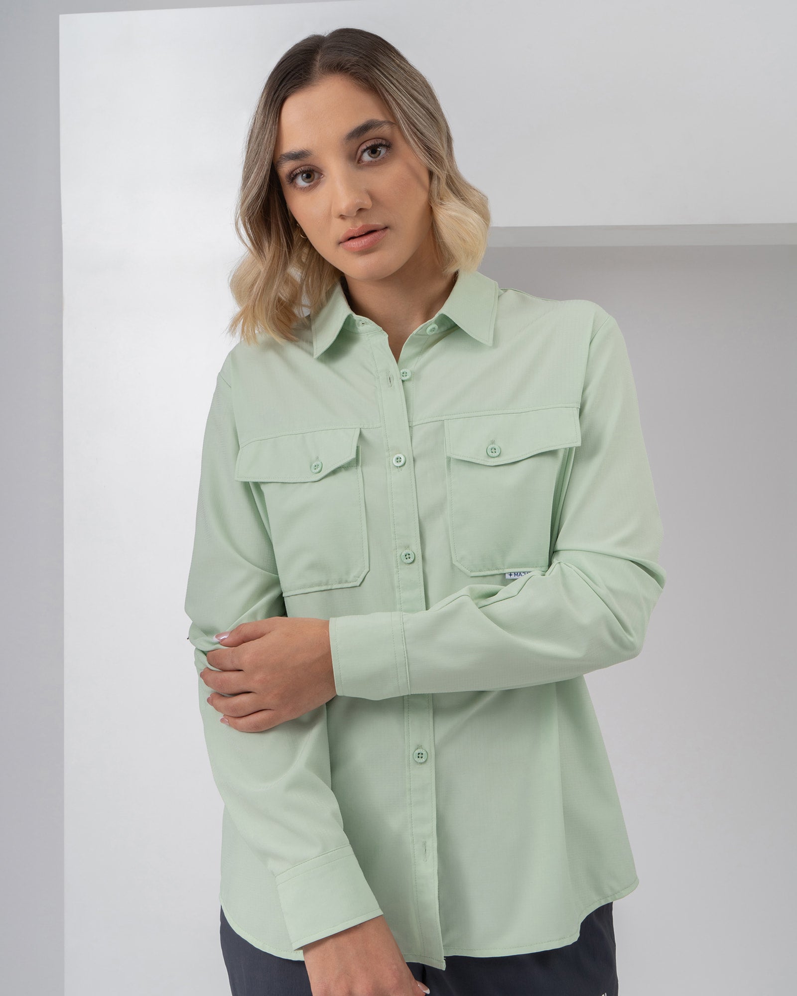 MAJA® Outdoor Signature Shirt, Green, front view, Regular fit, Polyester, with ripstop, ideal for office