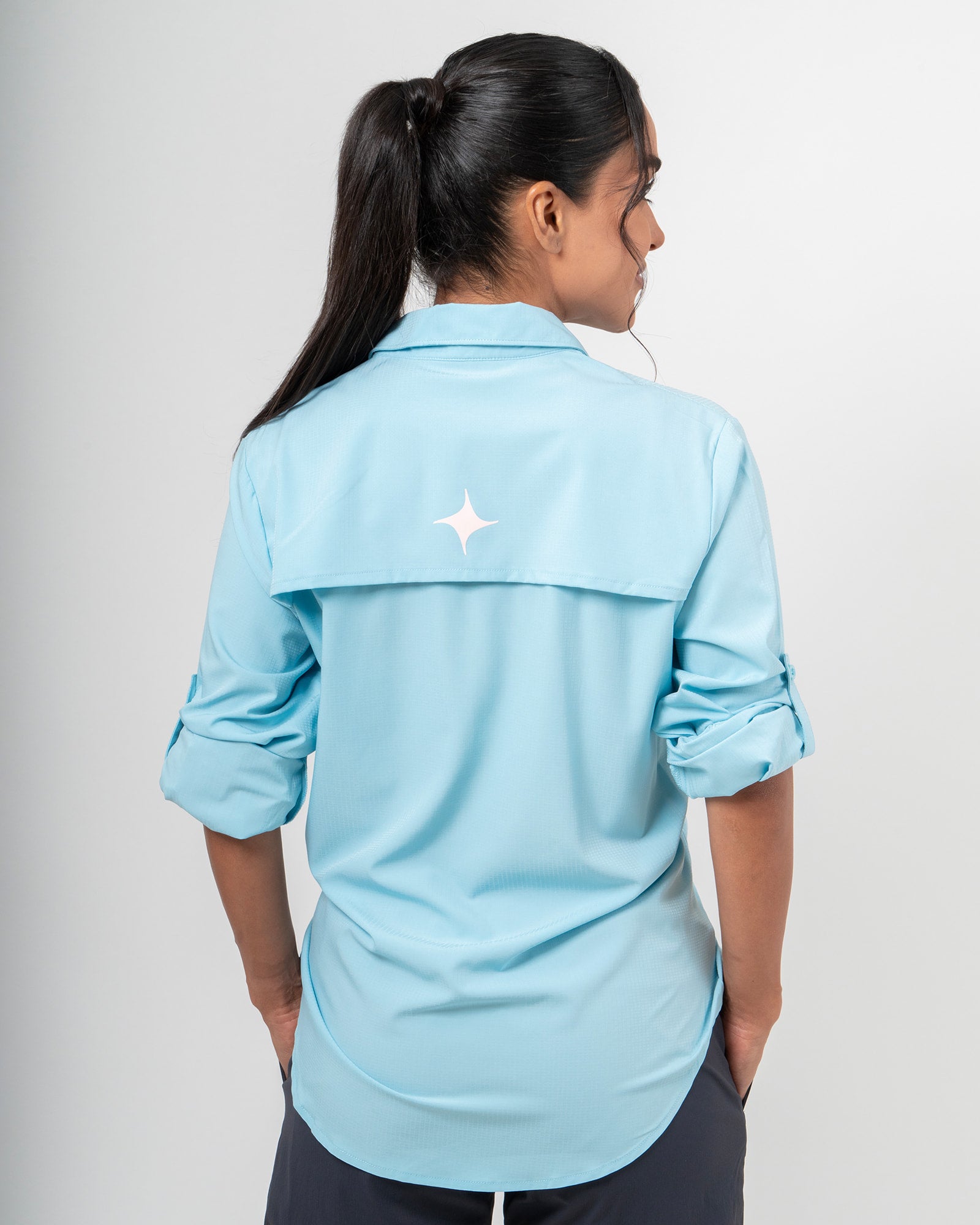 MAJA® Outdoor Signature Shirt, Sky Blue, back view, Regular fit, Polyester, with ripstop, ideal for office