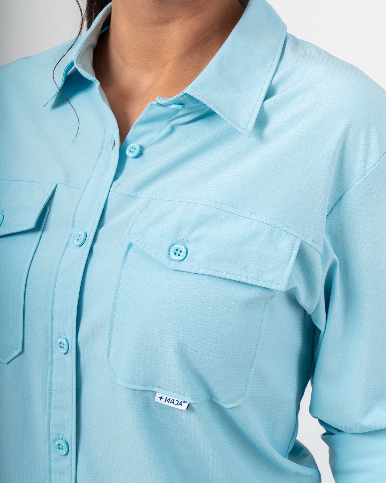 MAJA® Outdoor Signature Shirt, Sky Blue, side view, Regular fit, Polyester, with ripstop, ideal for office