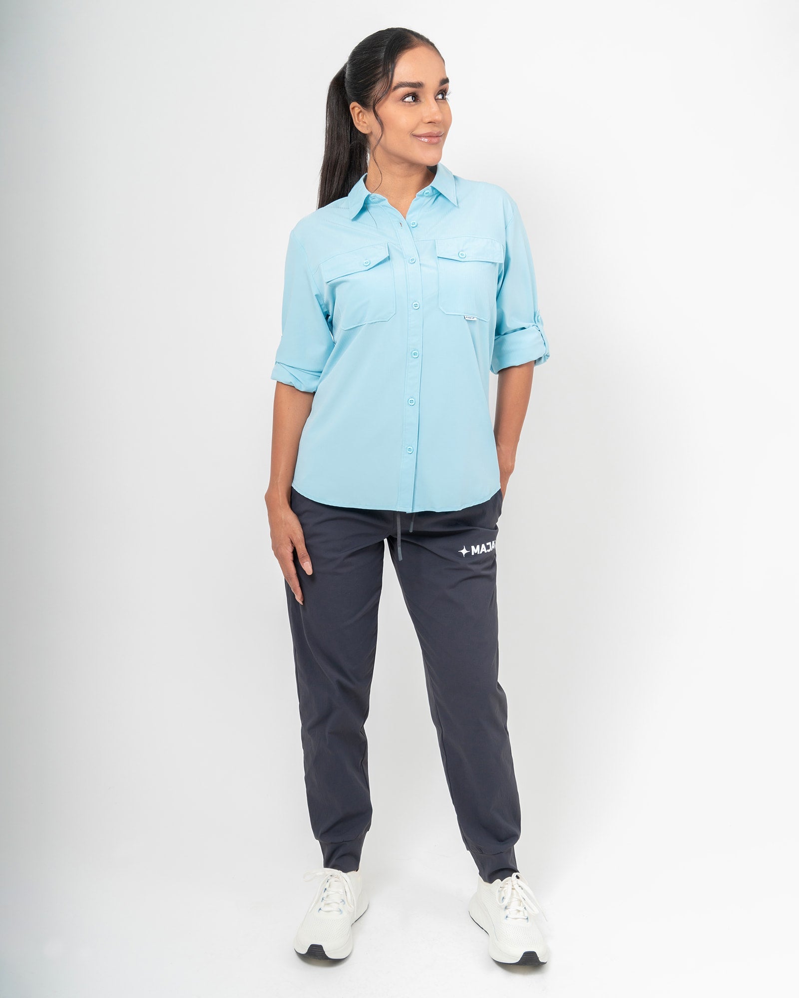 MAJA® Outdoor Signature Shirt, Sky Blue, detail, Regular fit, Polyester, with ripstop, ideal for office