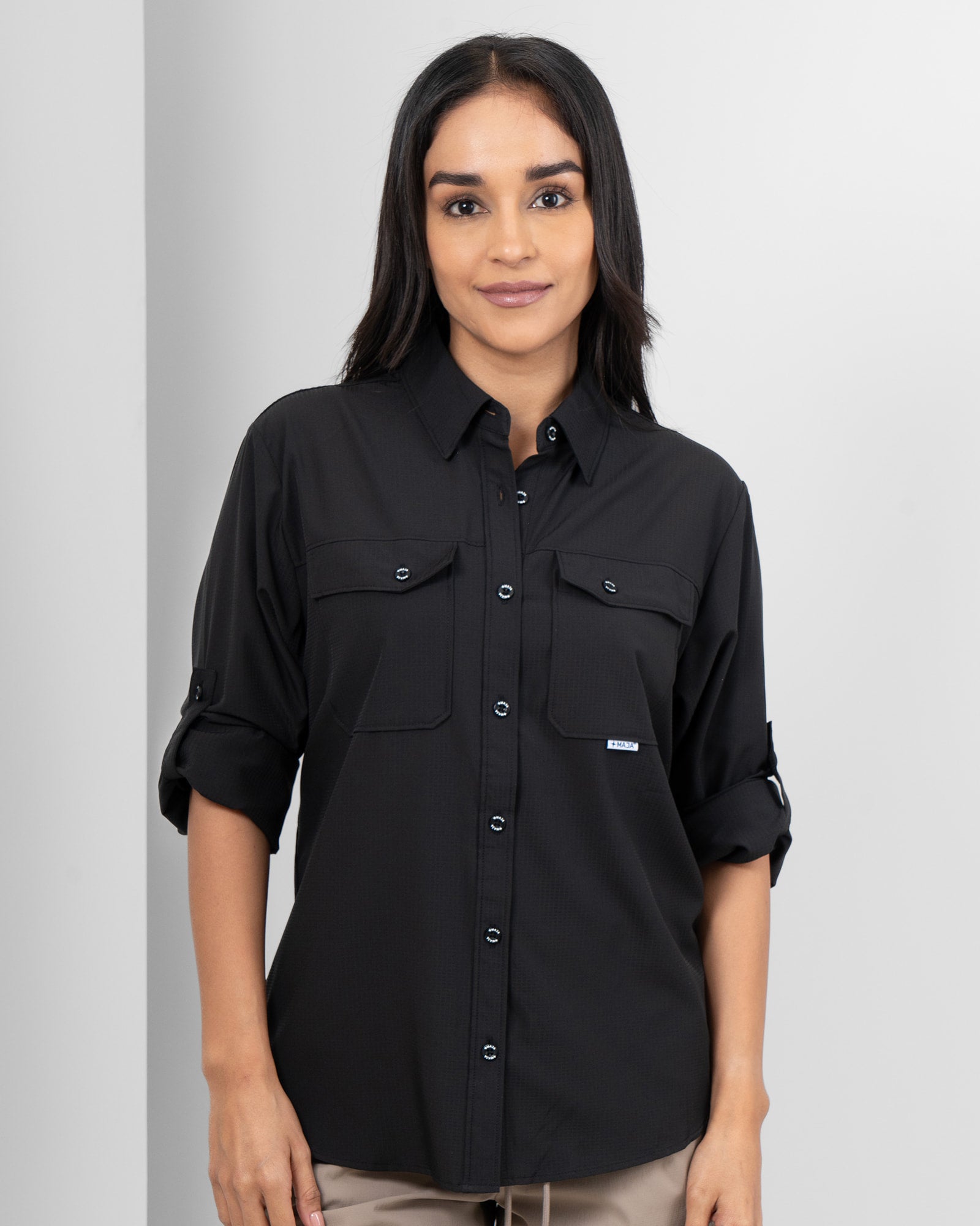 MAJA® Outdoor Signature Shirt, Negro completo, front view, Regular fit, Polyester, with ripstop, ideal for office