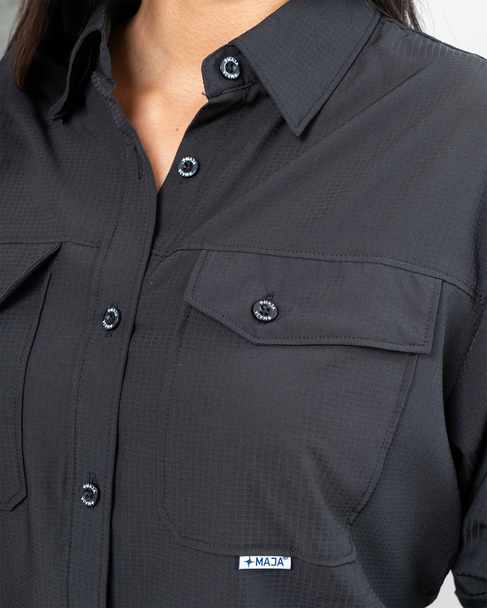 MAJA® Outdoor Signature Shirt, Negro completo, side view, Regular fit, Polyester, with ripstop, ideal for office