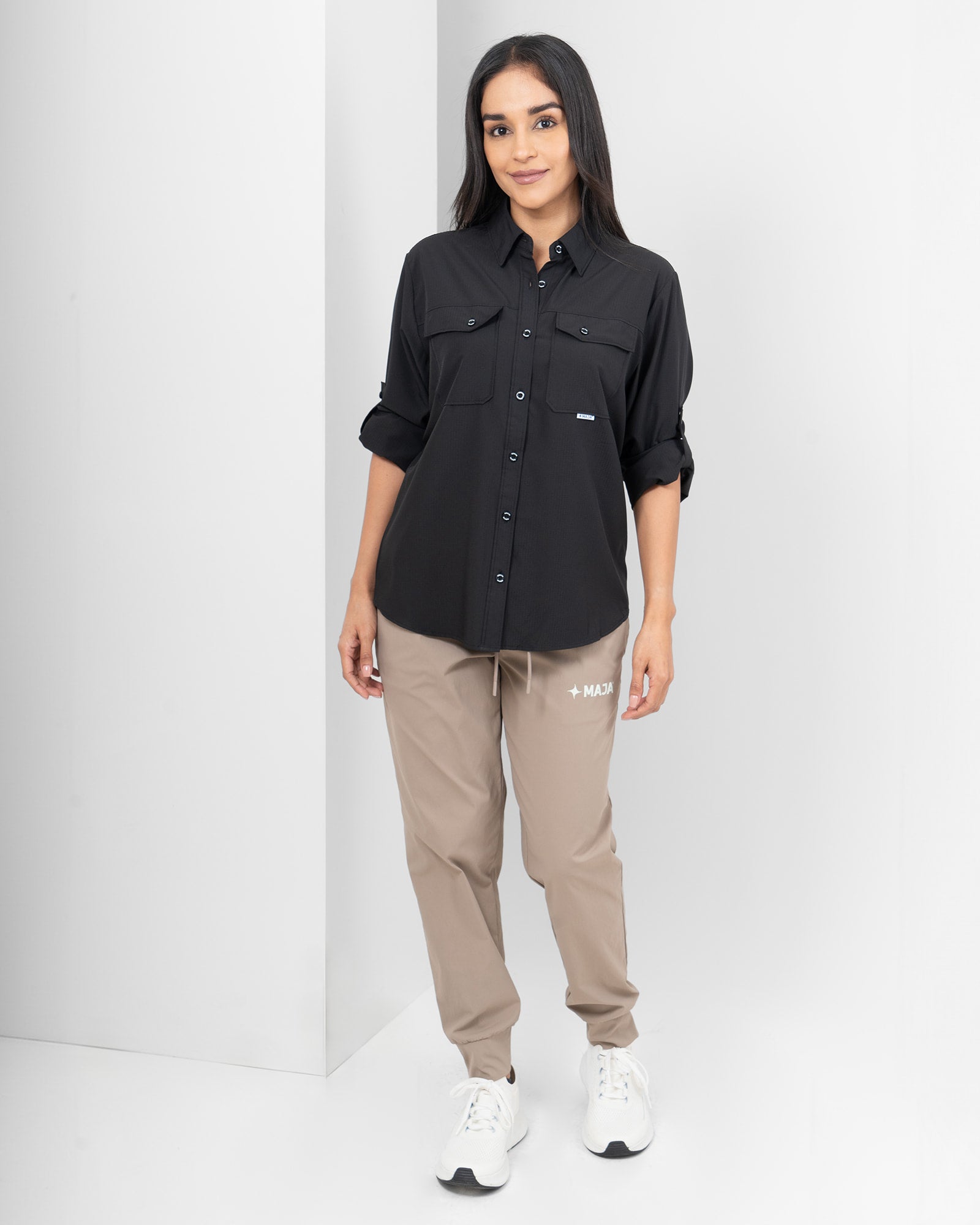 MAJA® Outdoor Signature Shirt, Negro completo, detail, Regular fit, Polyester, with ripstop, ideal for office