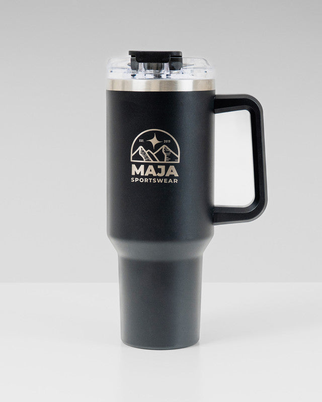 Horizonte Emblem 40 oz Drinkware Tumbler, Black, front view, keeps your drink at the ideal temperature