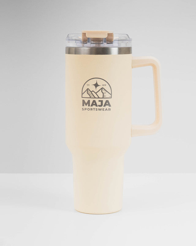 Horizonte Emblem 40 oz Drinkware Tumbler, Khaki, front view, keeps your drink at the ideal temperature
