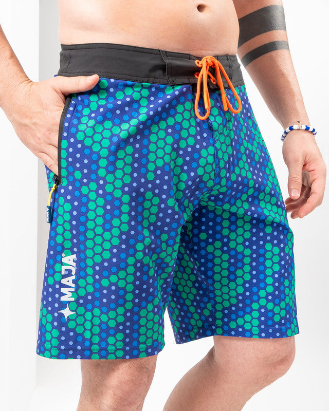 Arrecife Boardshort, Patrón arrecife azul, front view, Slim fit, Polyester, comfortable for training