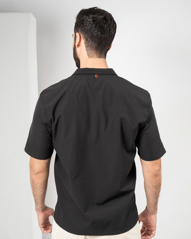 Viajero Shirt, Black, back view, Regular fit, Polyester, with 4-way stretch fabric, ideal for office