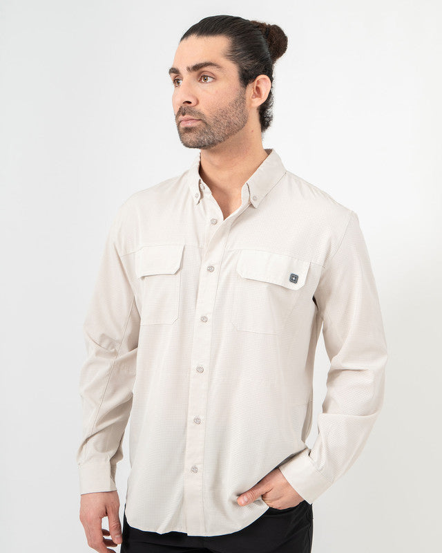 Pescadero Shirt, Khaki, front view, Relaxed fit, Polyester, with 4-way stretch fabric, ideal for office