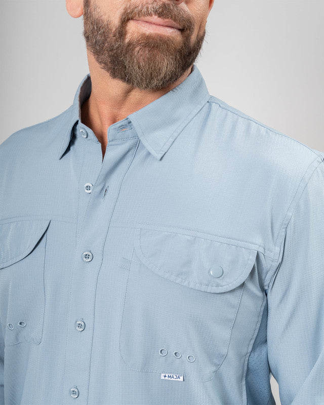 MAJA® Outdoor Signature Shirt, Azul acero, side view, Relaxed fit, Polyester, with ripstop, ideal for office