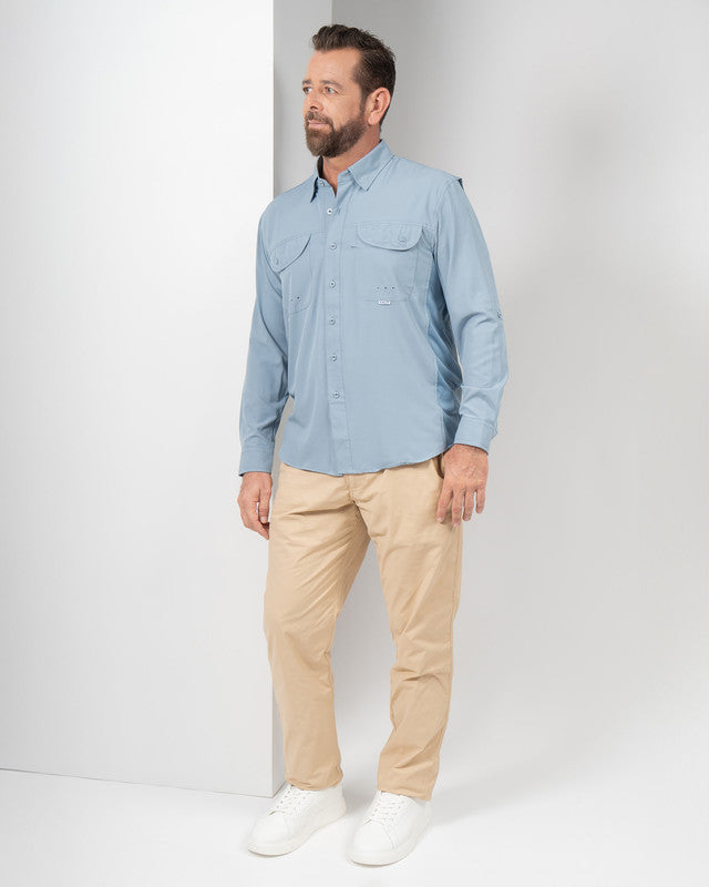 MAJA® Outdoor Signature Shirt, Azul acero, detail, Relaxed fit, Polyester, with ripstop, ideal for office