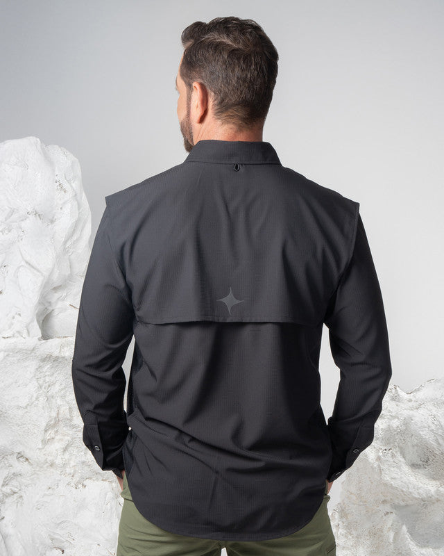 MAJA® Outdoor Signature Shirt, Black, back view, Relaxed fit, Polyester, with ripstop, ideal for office