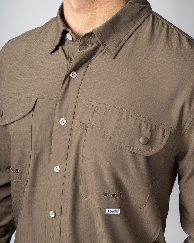 MAJA® Outdoor Signature Shirt, Brown, side view, Relaxed fit, Polyester, with ripstop, ideal for office