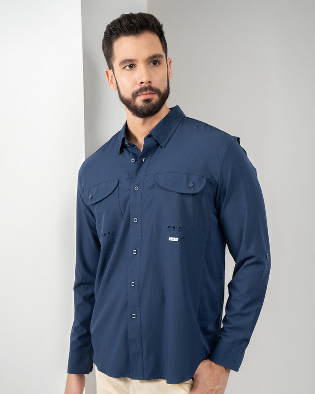 MAJA® Outdoor Signature Shirt, Navy Blue, front view, Relaxed fit, Polyester, with ripstop, ideal for office