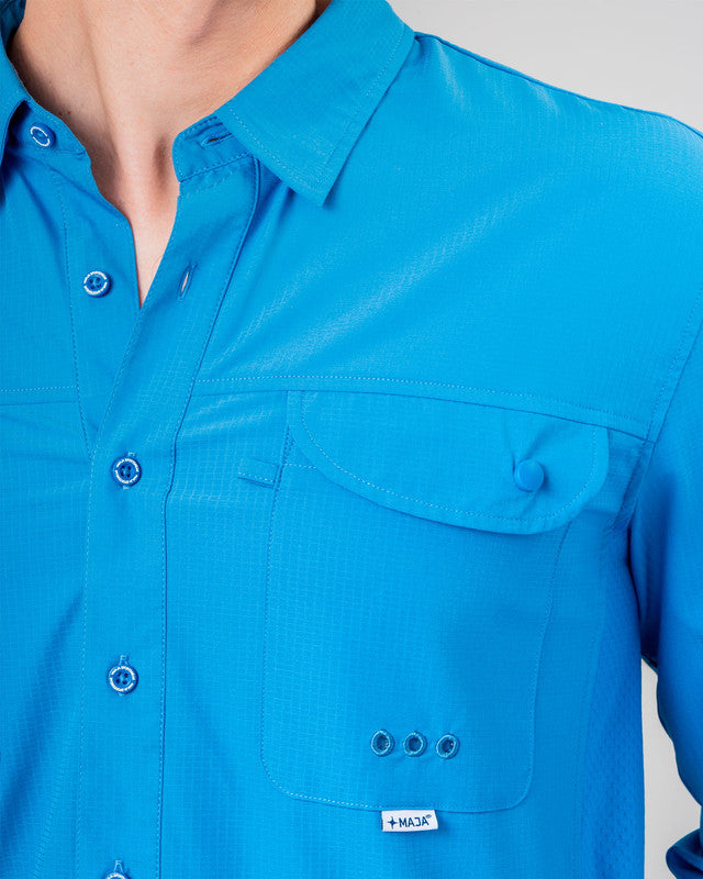 MAJA® Outdoor Signature Shirt, Royal Blue, side view, Relaxed fit, Polyester, with ripstop, ideal for office