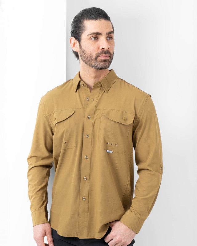 MAJA® Outdoor Signature Shirt, Brown, front view, Relaxed fit, Polyester, with ripstop, ideal for office