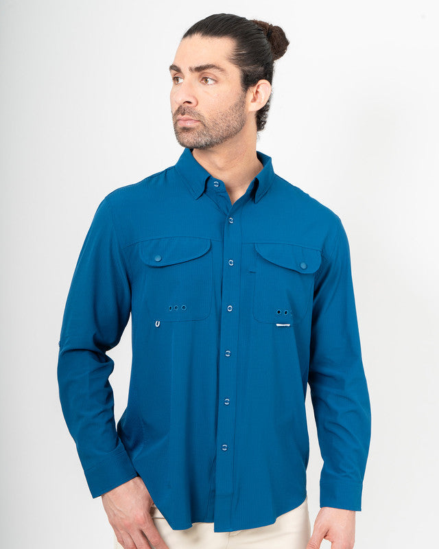 MAJA® Outdoor Signature Shirt, Blue, front view, Relaxed fit, Polyester, with ripstop, ideal for office