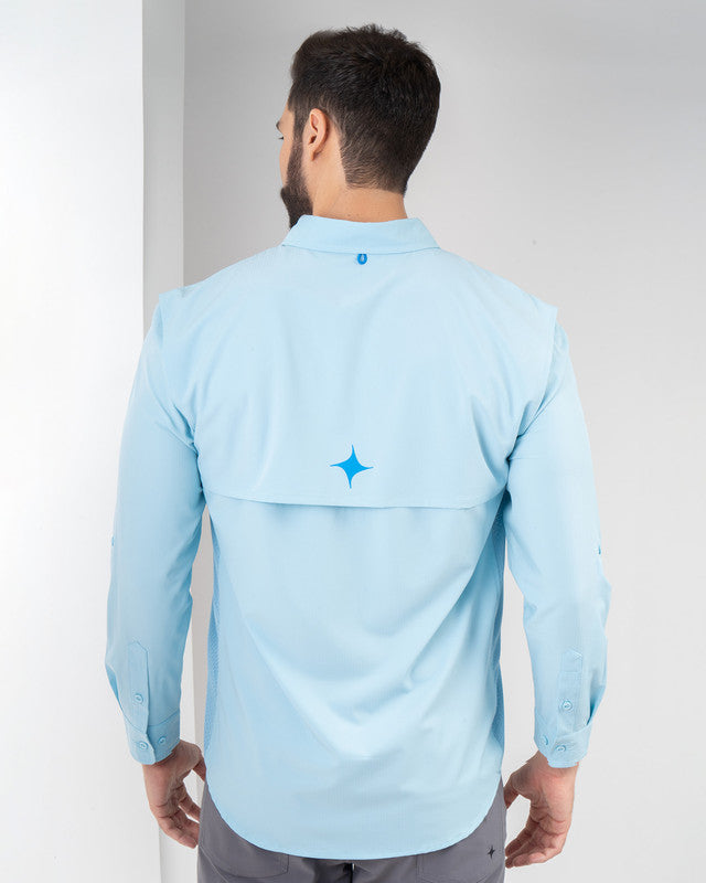 MAJA® Outdoor Signature Shirt, Sky Blue, back view, Relaxed fit, Polyester, with ripstop, ideal for office