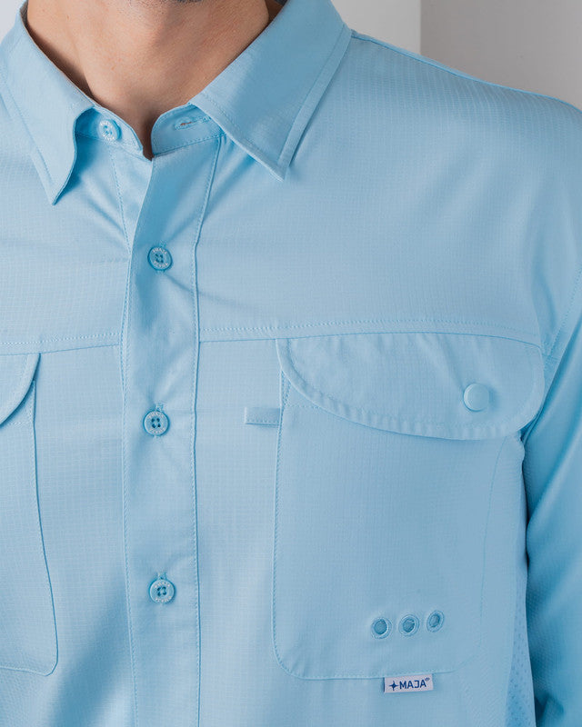 MAJA® Outdoor Signature Shirt, Sky Blue, side view, Relaxed fit, Polyester, with ripstop, ideal for office