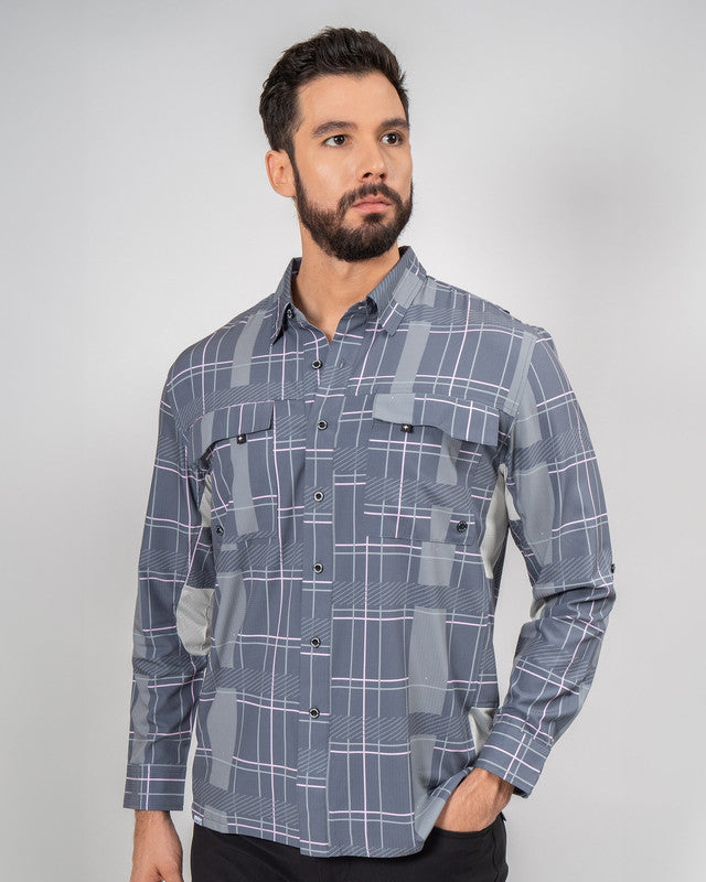 MAJA® Outdoor Team Shirt, Gris cuadros, front view, Relaxed fit, Polyester, with ripstop, ideal for office
