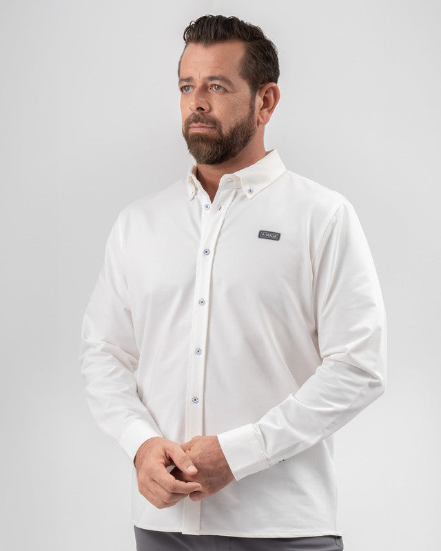 MAJA® Oxford Shirt, White, front view, Slim fit, Polyester, with 4-way stretch fabric, ideal for office