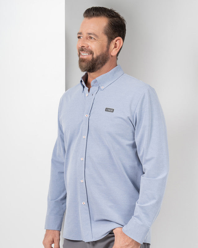 MAJA® Oxford Shirt, Sky Blue, front view, Slim fit, Polyester, with 4-way stretch fabric, ideal for office