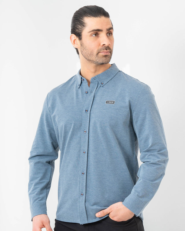 MAJA® Oxford Shirt, Blue, front view, Slim fit, Polyester, with 4-way stretch fabric, ideal for office