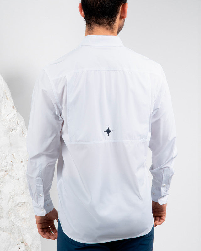 Pacífica Shirt, White, back view, Relaxed fit, Polyester, with 4-way stretch fabric, ideal for office