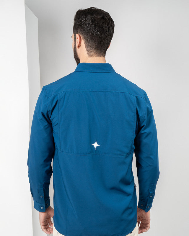 Pacífica Shirt, Navy Blue, back view, Relaxed fit, Polyester, with 4-way stretch fabric, ideal for office