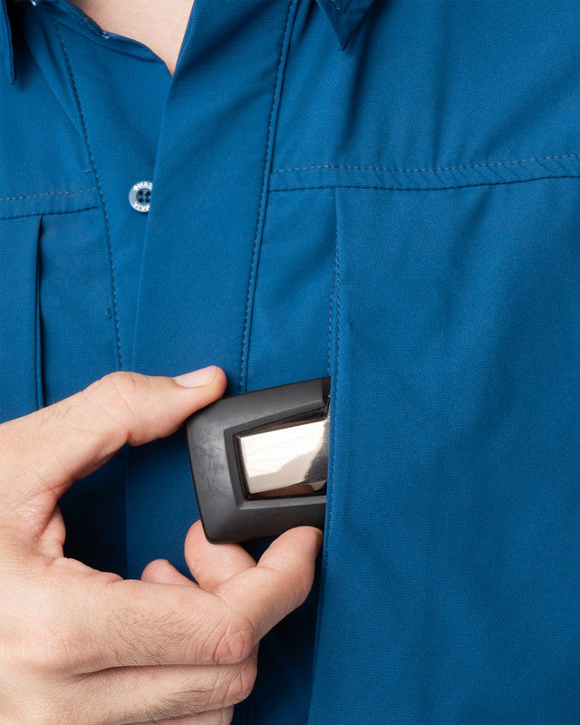 Pacífica Shirt, Navy Blue, side view, Relaxed fit, Polyester, with 4-way stretch fabric, ideal for office