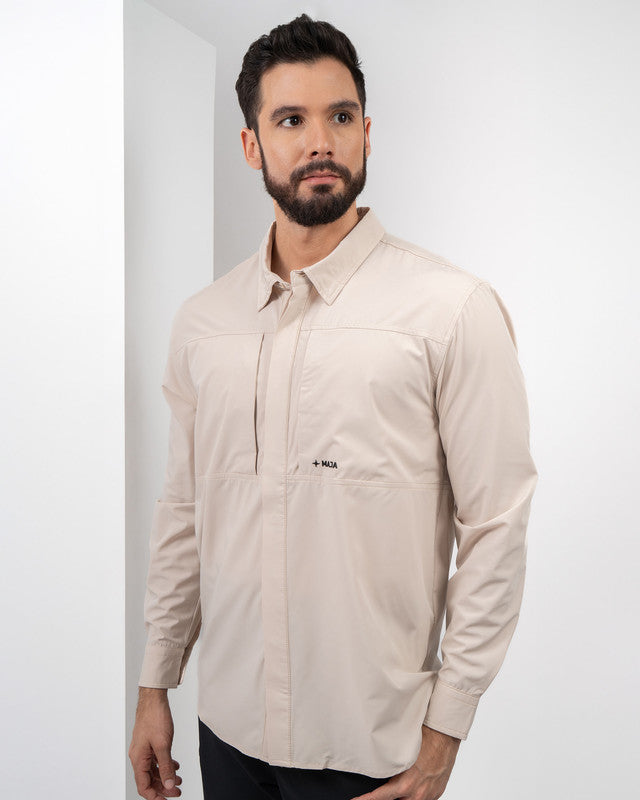 Pacífica Shirt, Khaki, front view, Relaxed fit, Polyester, with 4-way stretch fabric, ideal for office