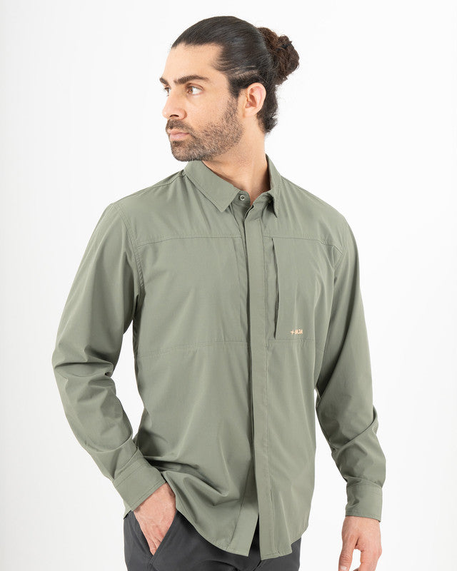 Pacífica Shirt, Olive green, front view, Relaxed fit, Polyester, with 4-way stretch fabric, ideal for office
