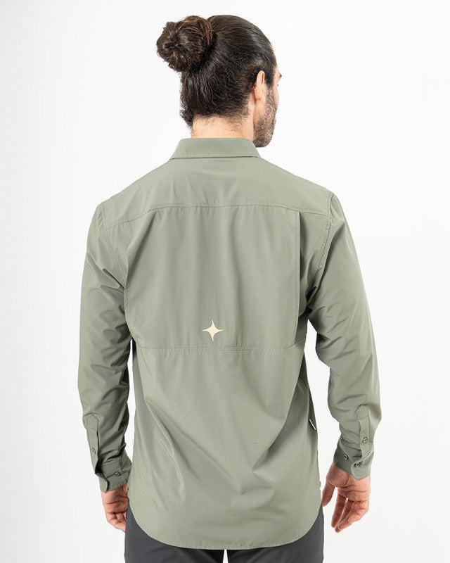 Pacífica Shirt, Olive green, back view, Relaxed fit, Polyester, with 4-way stretch fabric, ideal for office