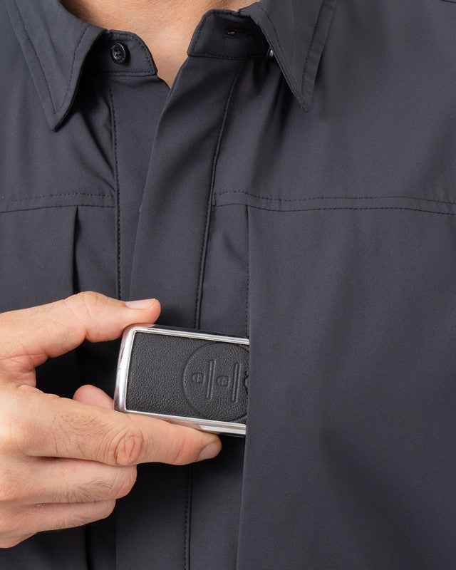 Pacífica Shirt, Black, side view, Relaxed fit, Polyester, with 4-way stretch fabric, ideal for office