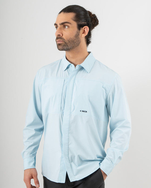 Pacífica Shirt, Sky Blue, front view, Relaxed fit, Polyester, with 4-way stretch fabric, ideal for office