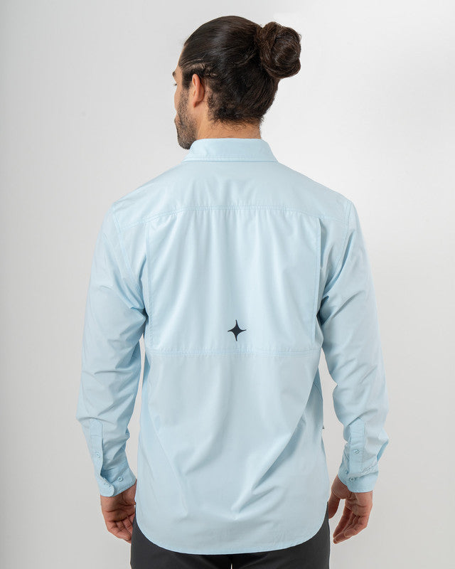 Pacífica Shirt, Sky Blue, back view, Relaxed fit, Polyester, with 4-way stretch fabric, ideal for office