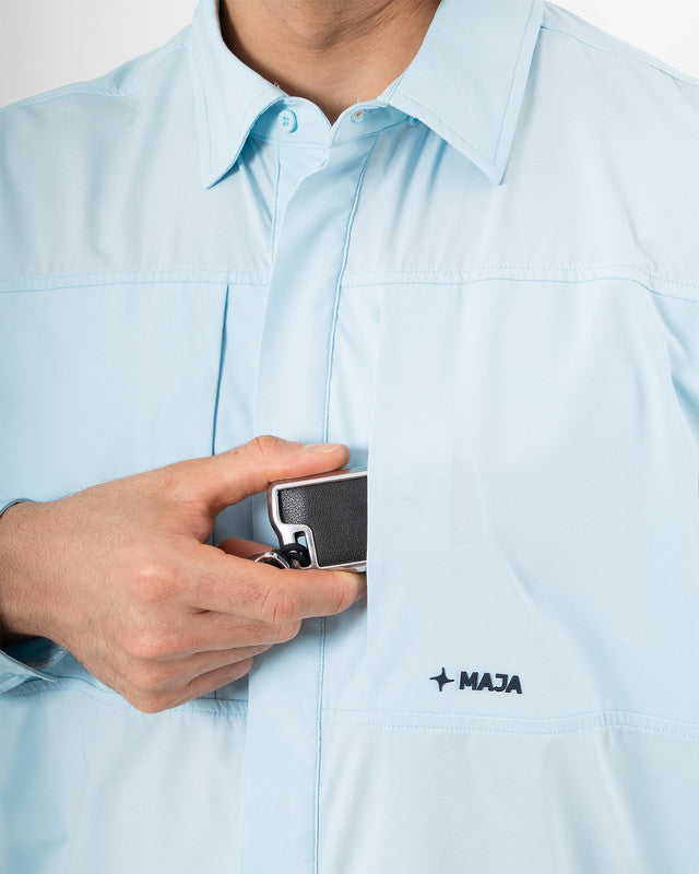 Pacífica Shirt, Sky Blue, side view, Relaxed fit, Polyester, with 4-way stretch fabric, ideal for office