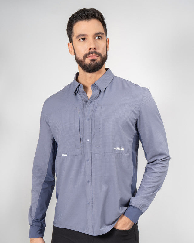 Navío Outdoor Shirt, Gray, front view, Relaxed fit, Polyester, ideal for office