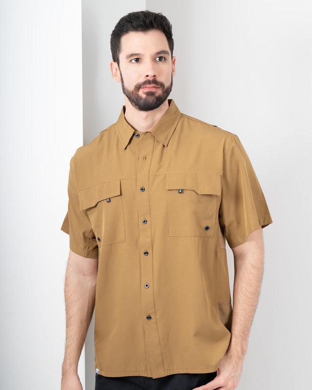 MAJA® Outdoor Team Shirt, Brown, front view, Relaxed fit, Polyester, with ripstop, ideal for office