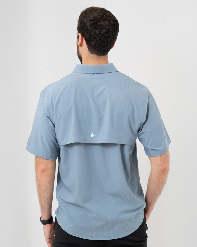 MAJA® Outdoor Signature Shirt, Azul acero, back view, Relaxed fit, Polyester, with ripstop, ideal for office