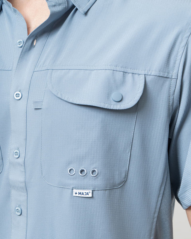 MAJA® Outdoor Signature Shirt, Azul acero, side view, Relaxed fit, Polyester, with ripstop, ideal for office