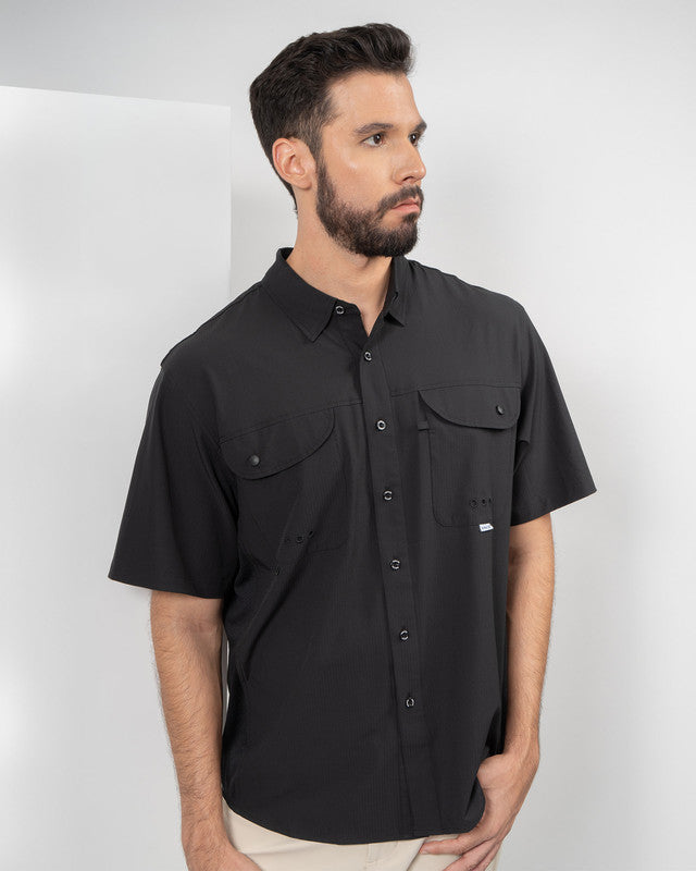 MAJA® Outdoor Signature Shirt, Black, front view, Relaxed fit, Polyester, with ripstop, ideal for office