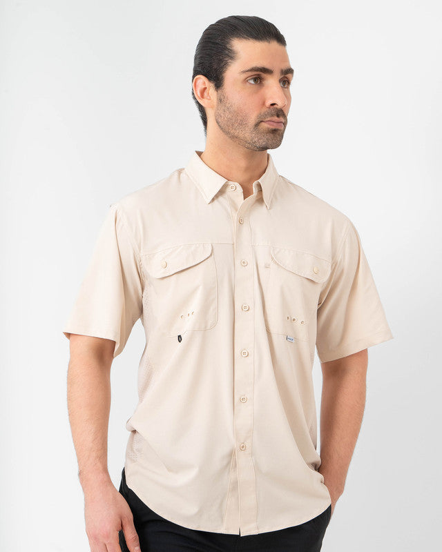 MAJA® Outdoor Signature Shirt, Khaki claro, front view, Relaxed fit, Polyester, with ripstop, ideal for office