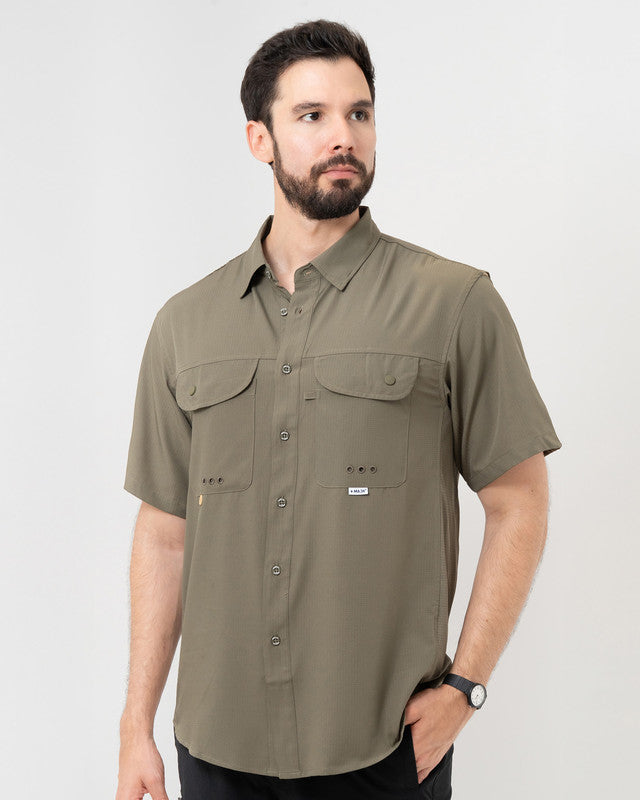 MAJA® Outdoor Signature Short-Sleeve Shirt, Green, front view, Relaxed fit, Polyester, with ripstop, ideal for office