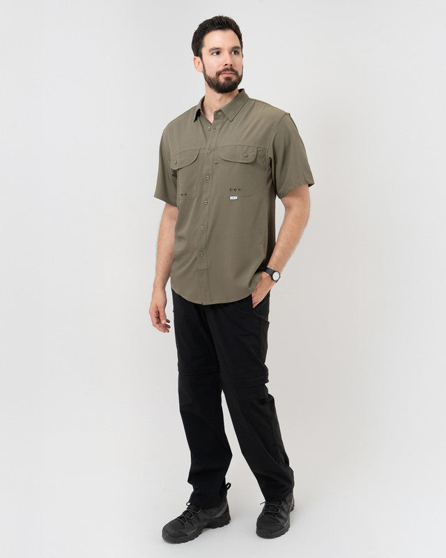 MAJA® Outdoor Signature Short-Sleeve Shirt, Green, detail, Relaxed fit, Polyester, with ripstop, ideal for office