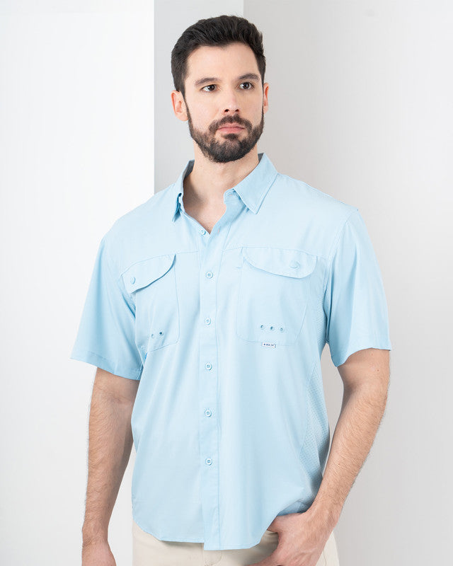 MAJA® Outdoor Signature Shirt, Sky Blue, front view, Relaxed fit, Polyester, with ripstop, ideal for office