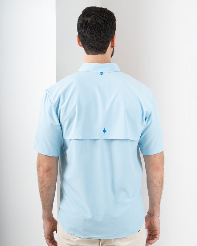 MAJA® Outdoor Signature Shirt, Sky Blue, back view, Relaxed fit, Polyester, with ripstop, ideal for office