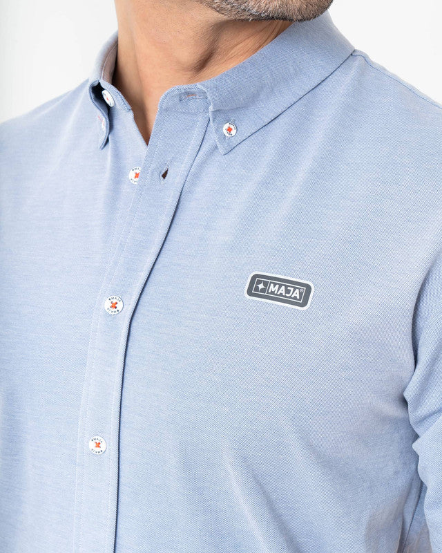 MAJA® Oxford Shirt, Sky Blue, side view, Slim fit, Polyester, with 4-way stretch fabric, ideal for office