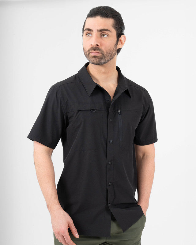 Short-Sleeve Outdoor Explorer Shirt, Black, front view, Relaxed fit, Polyester, with water-repellent, ideal for office