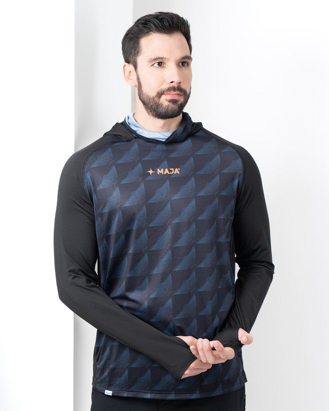 Ambición Performance Tee with Hood, Manta Ray Pattern, front view, Relaxed fit, Polyester, versatile use